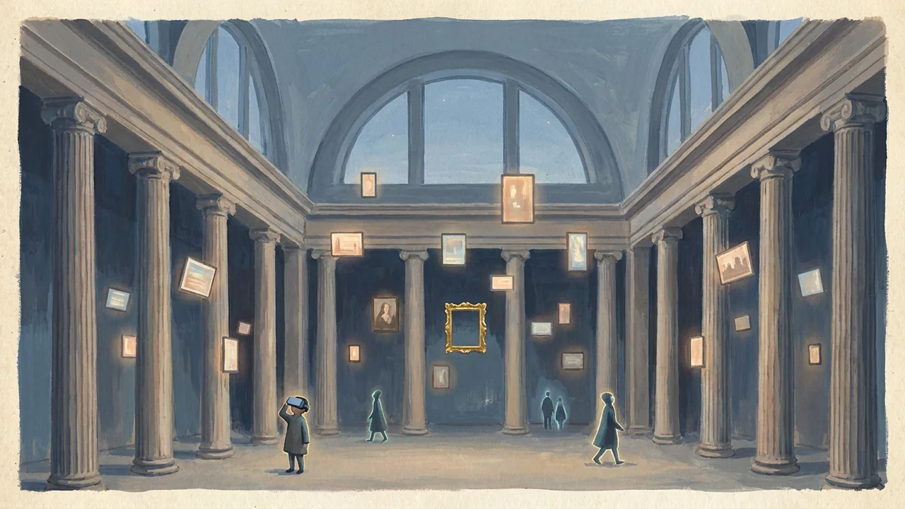 Illustration of a grand neoclassical museum hall rebuilt as a virtual space with floating digital artworks