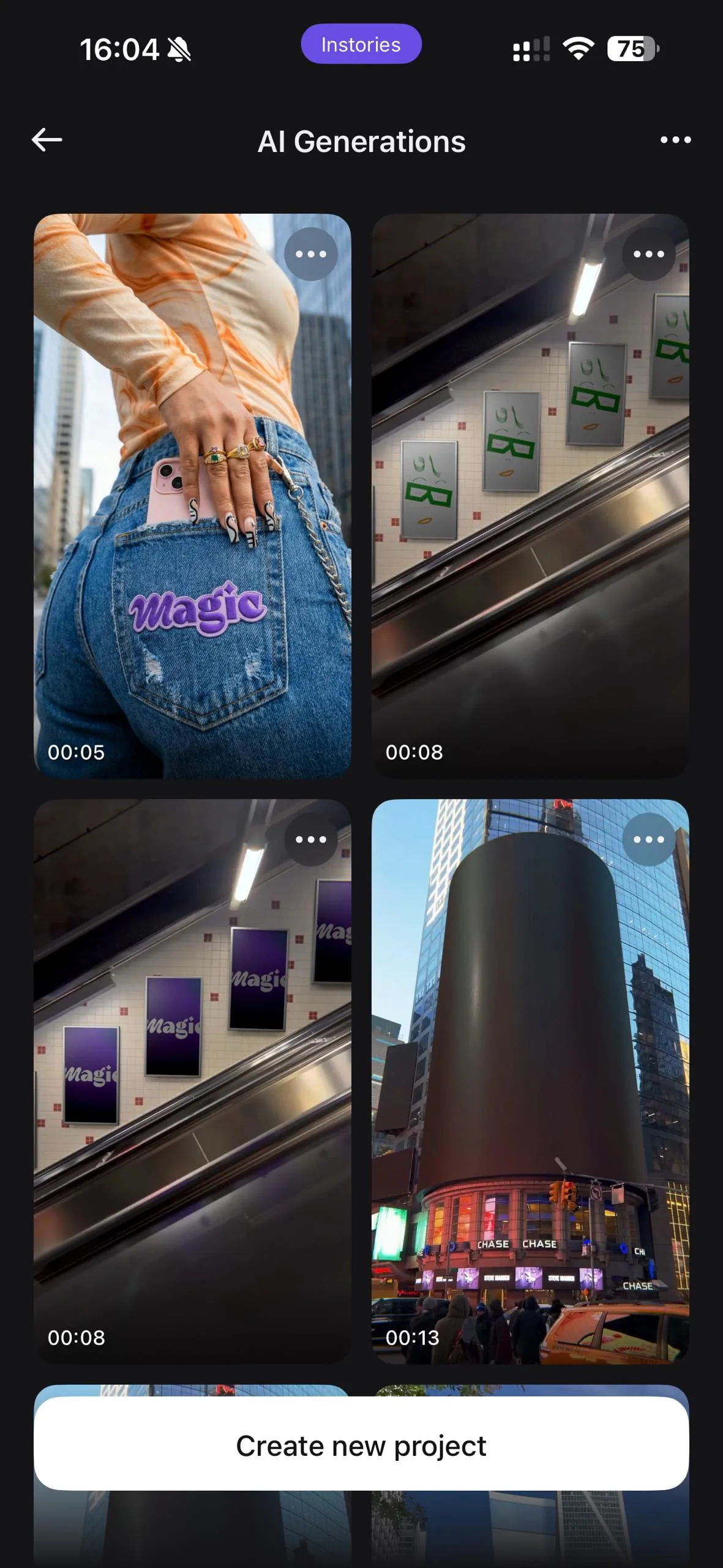 A gallery of finished vertical clips inside the app